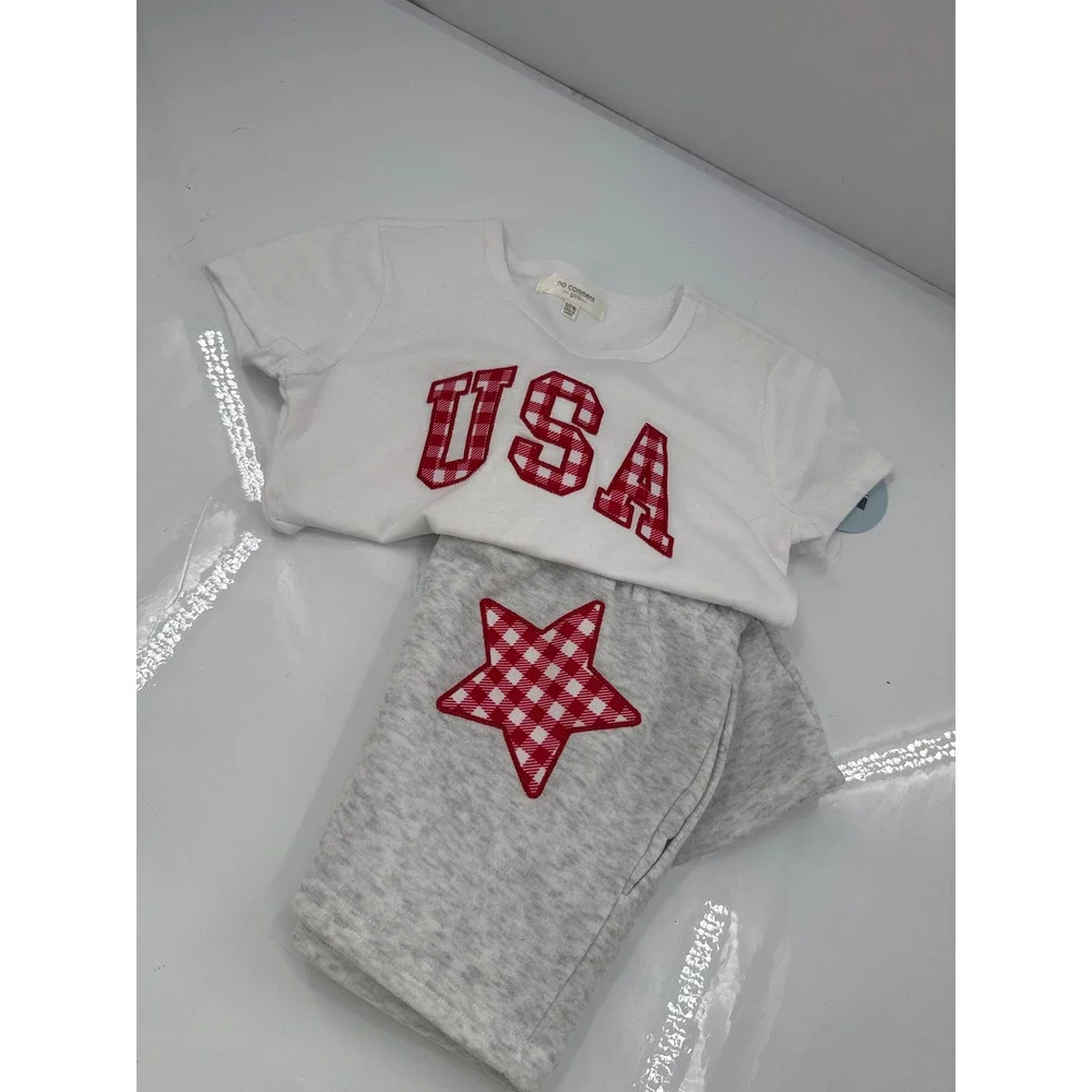 No Comment Girls USA Gingham Graphic Tee and Star Shorts Set White Gray Size 7/8